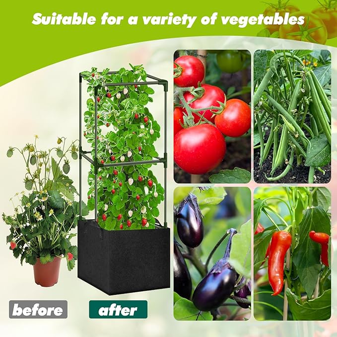 3 Pack Tomato Cages 47 Inch for Garden with 19.5 Gallon Square Grow Bags Planter Pots with Heavy Duty Trellis Plant Stakes Support Frames for Vertical Climbing Cucumber Vegetables Flowers