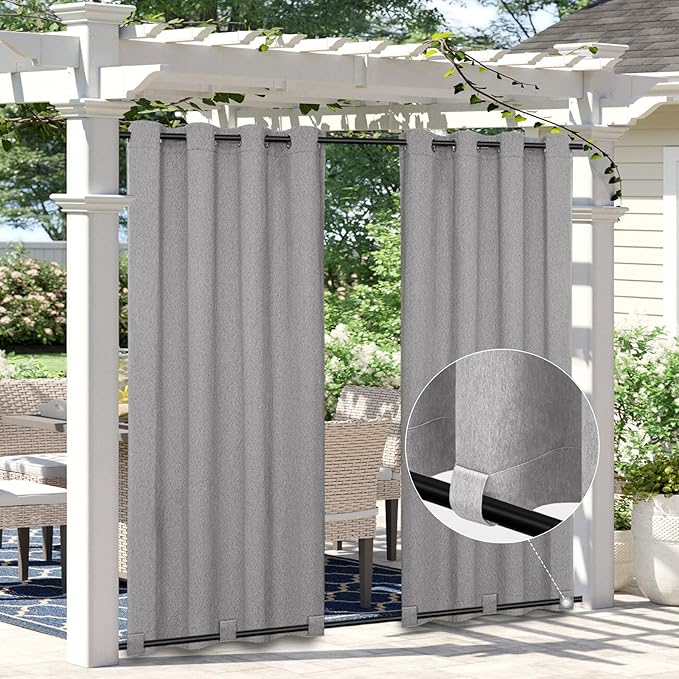 Easy-Going Linen Look Outdoor Curtains Waterproof Windproof Porch Curtains, Soft Thicken Outdoor Privacy Curtains for Patio, Gazebo, Grommet Top and Tab Bottom Drape, 1 Panel, 54x84 inch, Grey