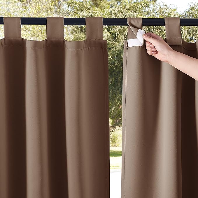 NICETOWN 2 Panels Privacy Outdoor Curtainss Weighted for Patio Waterproof, Thermal Insulated Detachable Tab Top Blackout Sliding Windproof Safe Outside Dividers for Party/Terrace, Tan, W84 x L95