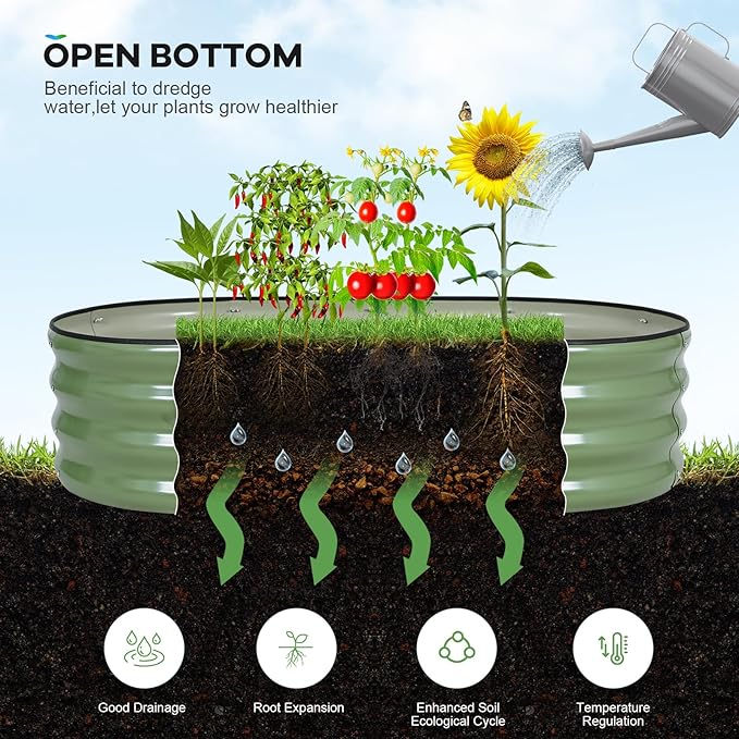 Galvanized Raised Garden Bed Outdoor, 4x2x1ft Oval Metal Raised Beds for Gardening, Rust-Resistant Garden Planter Box with Tools for Planting Vegetables, Flowers, Fruits in Lawn (Olive Green)
