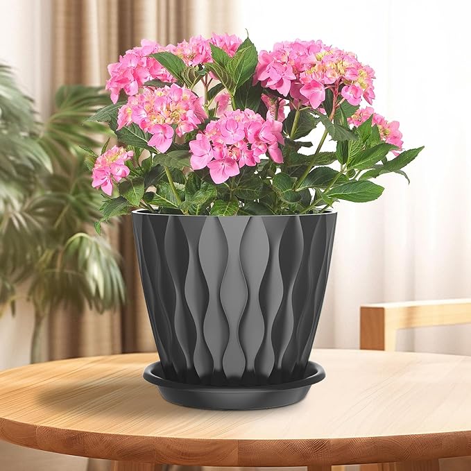 6 Pack 6 Inch Indoor Plant Pots with Drainage Holes, Outdoor Plastic Decorative Flower Pots, Garden Planters with Tray Saucers for Orchids, Violets, Succulents, Herbs, and Other Plants