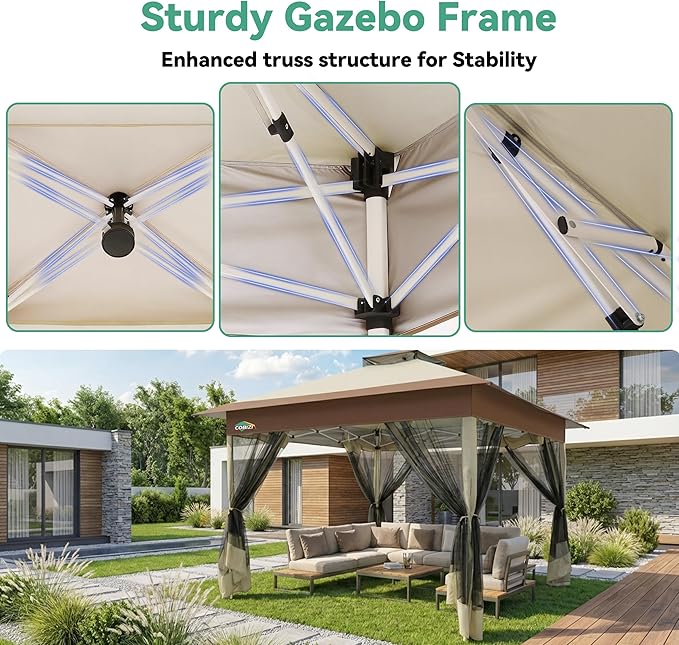 COBIZI 13x13 FT Pop up Gazebo on Clearance - Outdoor pop up Canopy Tent,carpas para Patio, Shelter - Screen Tents with Portable Carry Bag, Patio Gazebos for Camping,Garden,Deck,Backyard,Khaki
