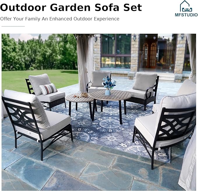 MFSTUDIO Patio Furniture Set, 10 Seats Half-Moon Curved Outdoor Sectional Sofa Conversation Set with 2 Wood-Like Round Table, Woven Rattan Patio Couch for Backyard, Garden, Deck