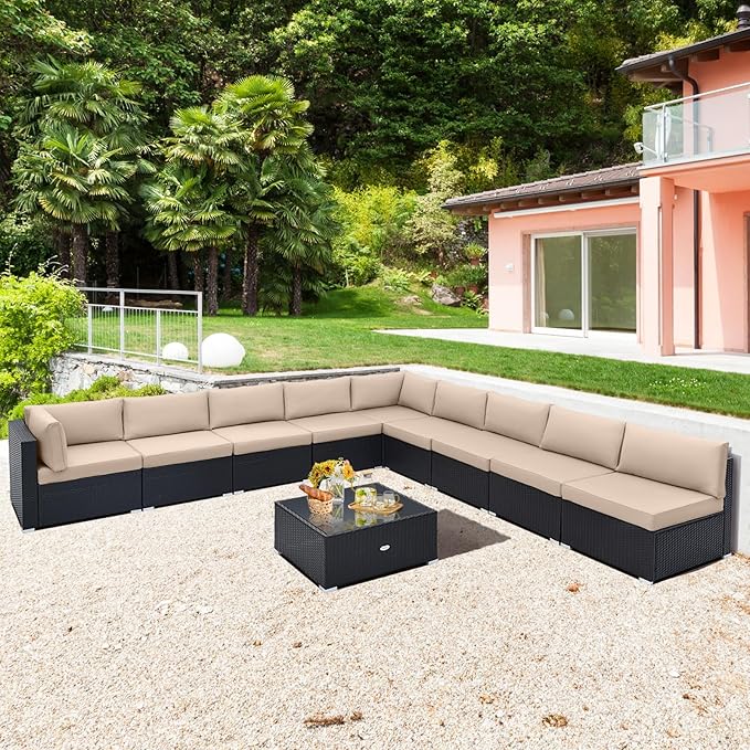 Tangkula 10 Pieces Patio Sofa Set, Outdoor Wicker Conversation Set with Soft Cushions, Tempered Glass Tabletop, Sofa Fastener Clips Included, Rattan Furniture Set for Backyard, Poolside (Beige)