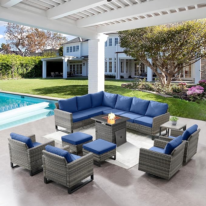 Patio Sectional Furniture Set with Fire Pit Table: 10 Pieces Wicker Patio Conversation Set with L Shaped Sofa, Outdoor Swivel Glider Rocker, Rattan Club Chairs, Ottomans, Removable Cushions Blue