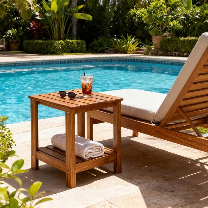 Utoplike Teak Side Table Outdoor, Patio End Table Double Layer, Wooden Coffee Accent Tables for Backyard, Garden, Bed, Living Room, Couch, Two-Tier