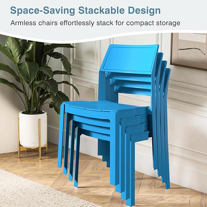 VECELO 4 Pack Stackable Dining Chairs, Plastic Patio Chairs for Indoor Outdoor Use in Kitchen, Poolside, No Assembly, Matte Blue