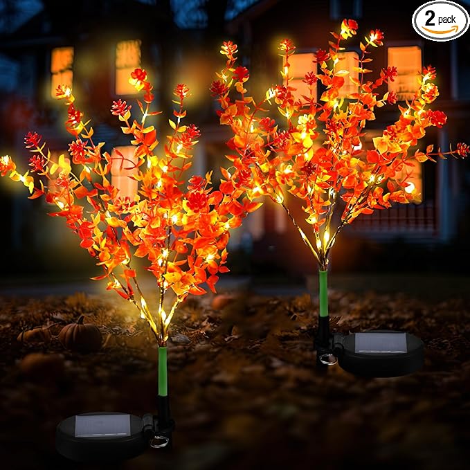 2 Pack Solar Stake Lights Outdoor Decor Waterproof Mums Artificial Flowers Solar Lights for Outdoor Garden Yard Pathway Decor (Orange,Camellia)