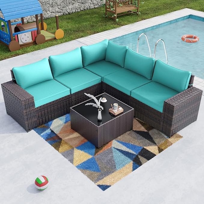 Kullavik 6PCS Outdoor Patio Furniture Set PE Wicker Rattan Sectional Sofa Patio Conversation Sets,Blue