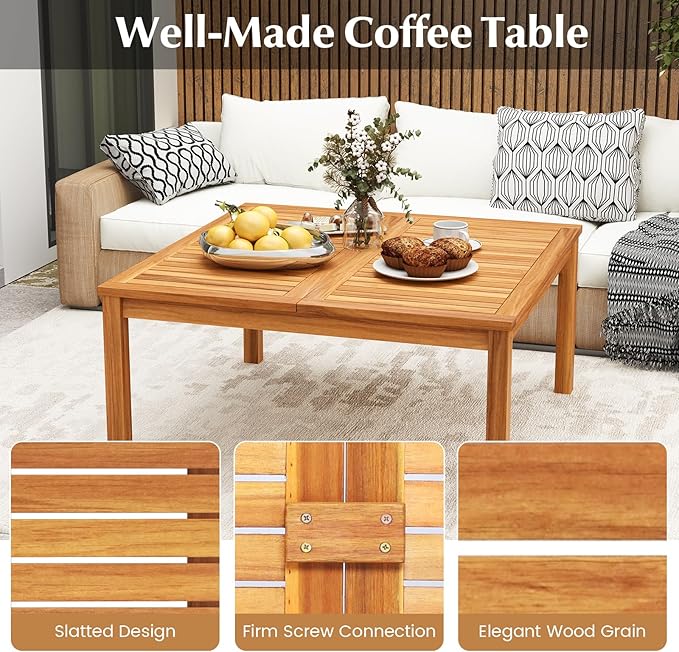 Tangkula Patio Wood Coffee Table, Solid Acacia Wood 35.5 Inches Side Table with Slatted Tabletop, Outdoor Square Table for Backyard, Porch, Balcony