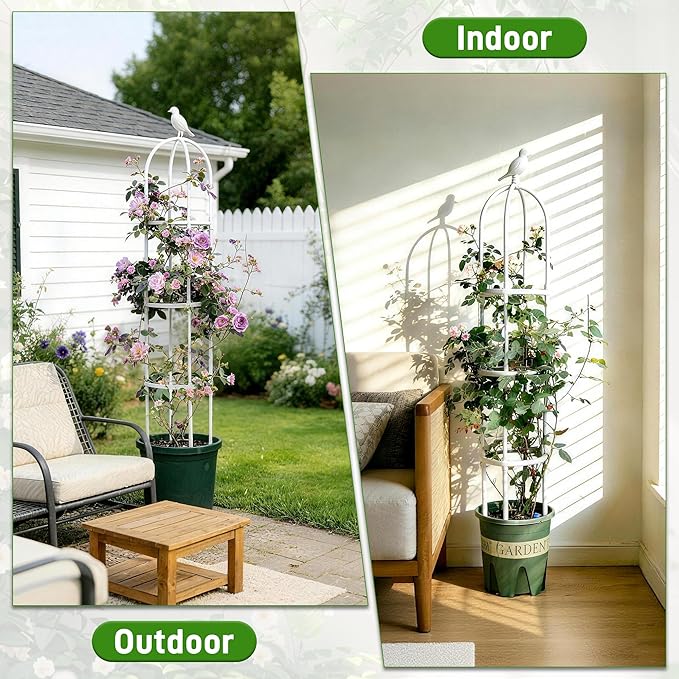 6ft Garden Obelisk Trellis for Climbing Plants-Rustproof Metal Pipe with Heavy Duty Plastic Coated, Garden Outdoor Indoor Potted Plant Support for Clematis Vine Jasmine Support （White）