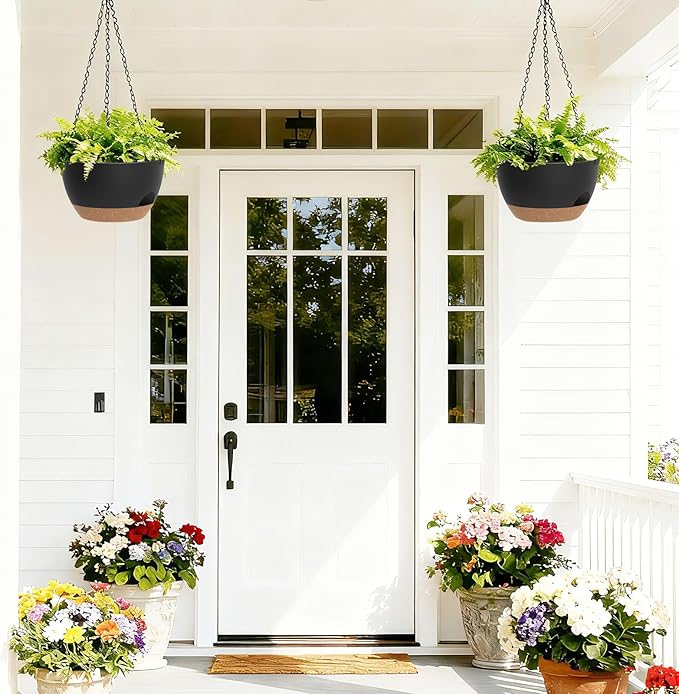 8 Inch Hanging Planters for Indoor Outdoor Plants, 4 Pack Black Brown Plastic Self Watering Hanging Baskets with Drainage Holes and Chain for Garden Porch