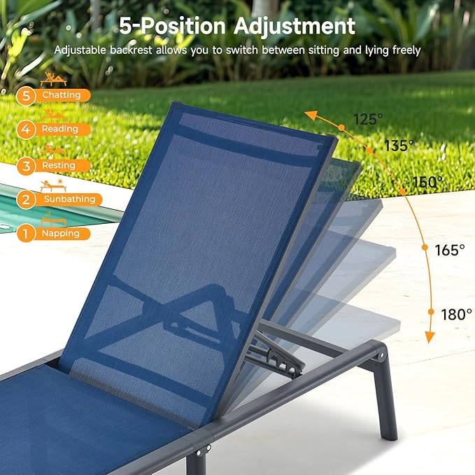 Aluminum Chaise Lounge Chair Outdoor, Foldable & Assembly Free Outdoor Lounge Chair with 5 Position Adjustable Backrest, Patio Pool Lounge Chairs for Outside Poolside Beach Lawn, 1PC, Navy Blue