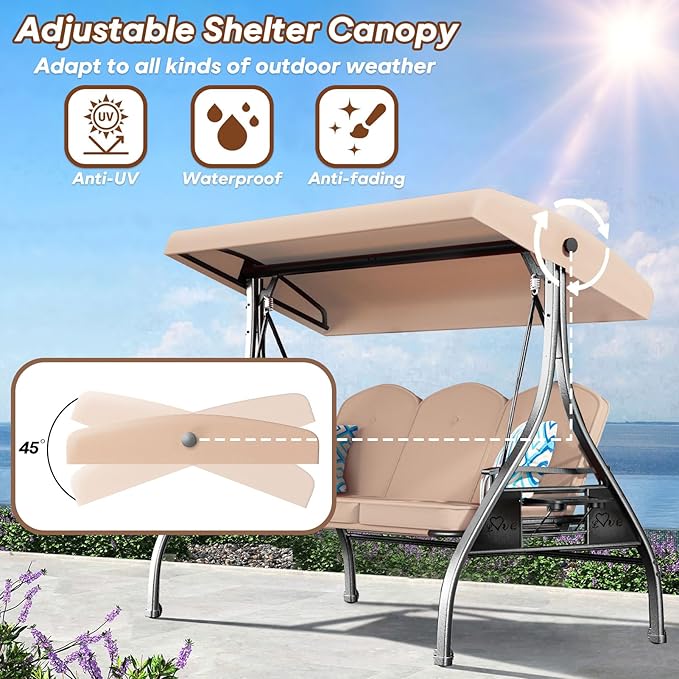 3 Seat Outdoor Porch Patio Swing with Stand 800lbs 2-in-1 Convertible Swing Bed with Adjustable Canopy & Removable Cushion for Yard Garden Deck (Khaki, Round Tube)