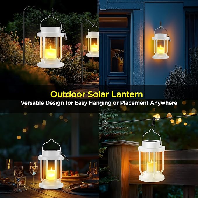 Solar Lantern Outdoor & Indoor Use – Hanging Solar Lights with Realistic Flickering Flameless Candle, Weatherproof for Gardens, Patios, Trees, and Lawns (White, 4 Pack)