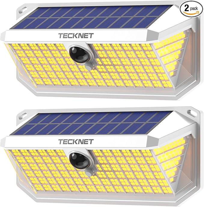 TECKNET 461 LED Solar Powered Outdoor Lights, 270° Angle & 3 Lighting Modes Motion Sensor Light Outdoor, Security Solar Lights Waterproof - 2 Pack, White Color & Warm Light