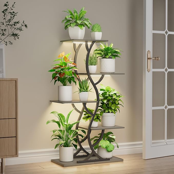 Plant Stand Indoor with Grow Lights - 44" Tall Corner Plant Stands for Indoor Plants, 5 Tiered Metal Plant Shelf, Curved Plant Flower Holder Dispaly Rack for Living Room, Home Patio Balcony (Gray)
