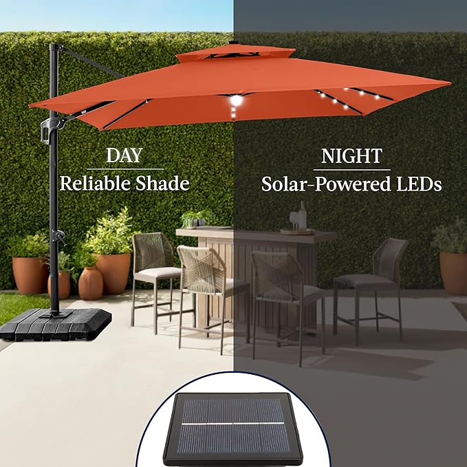 Best Choice Products 12x12ft LED Cantilever Patio Umbrella w/Base Included & 360° Rotation, Large Solar Offset Hanging Outdoor Sun Shade for Deck, Backyard Table w/Stand & Lights – Rust