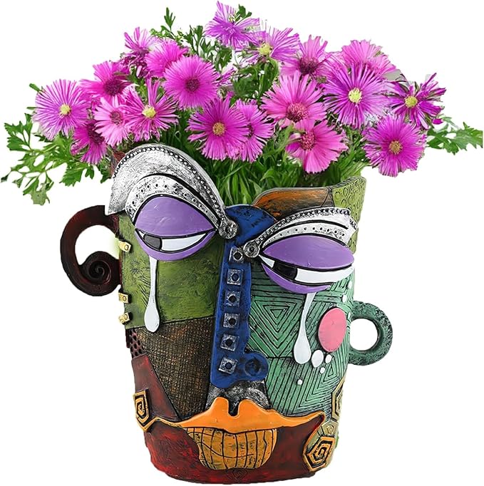 Picasso Brutalist Abstract Face Planter - Head Ornament Flower Pot Container - Colorful Art Resin (Picasso's Tearful Flowerpot)