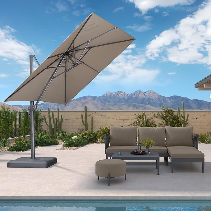 PURPLE LEAF Patio Umbrella 8' X 8' Rectangle Cantilever Umbrella Large Aluminum Outdoor Umbrellas with 360-degree Rotation & UPF40+ Premium Fabric for Deck Pool Garden Yard, Ash Mocha