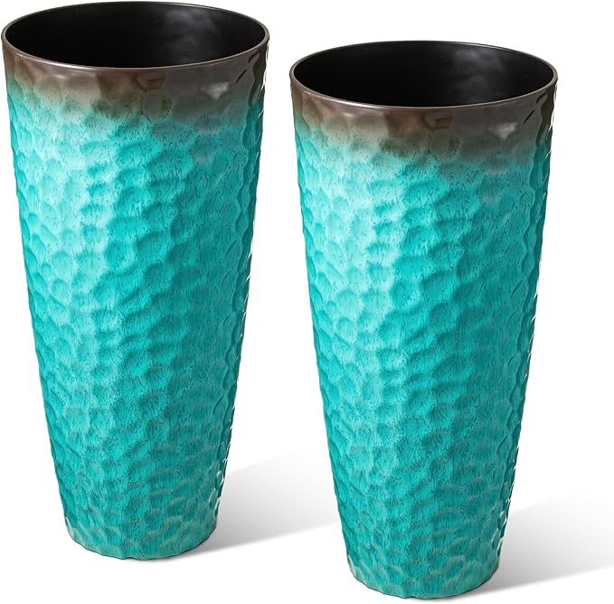 Glitzhome 31" H Oversized Tall Planter, Set of 2 Honeycomb Textured Gradient Turquoise Plastic Tall Outdoor Planters with Drainage Holes, Round Large Flower Pots for Indoor Outdoor Front Door Patio