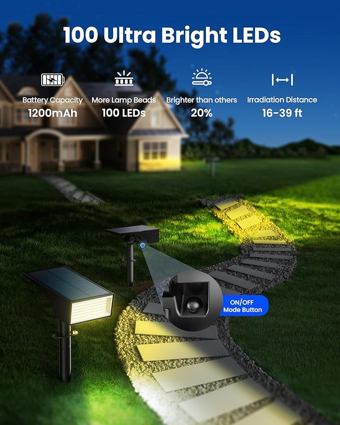 Koicaxy Solar Lights Outdoor Waterproof 8 Pack IP65, 100 LEDs 4 Light Modes, Higher Charging Efficiency, Auto On/Off Solar Landscape Spotlights for Garden Decor Yard Pathway Patio - Warm White