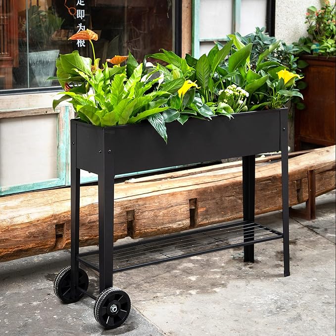 Piksedo Raised Garden Bed, Elevated Planter Metal Plant Box with Wheels with Legs Standing Garden Stand Drainage Holes Frosted Black