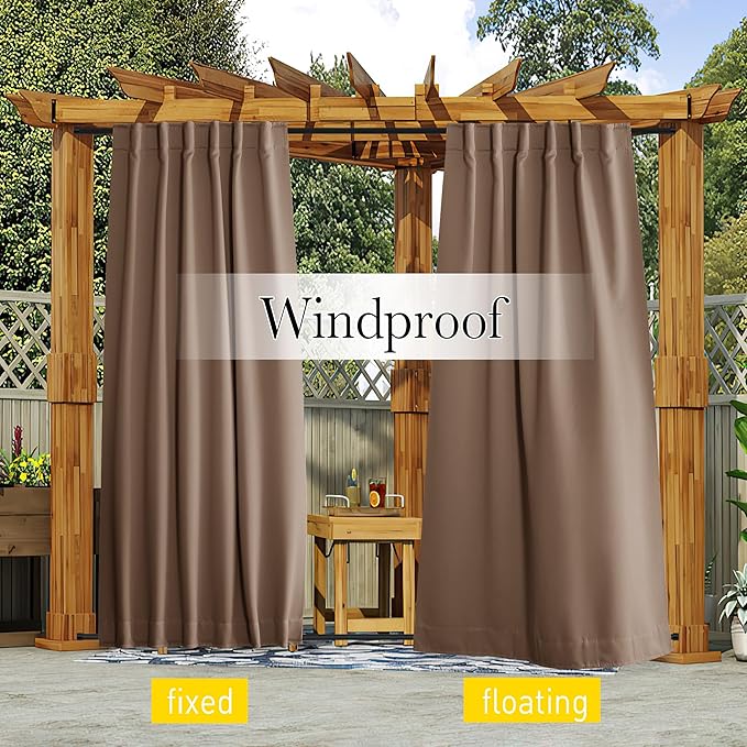 NICETOWN 2 Panels Blackout Patio Waterproof Outdoor Curtains, Top & Bottom Pocket & Back Tab Wind-Break Thermal Drapes Privacy Sound Reducing for Pergola with Fixed Ropes, W52 x L84, Tan-Khaki