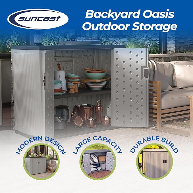 Suncast 130-Gallon Backyard Oasis Basic Unit Lockable Outdoor Storage Cabinet, Peppercorn, Made in the USA