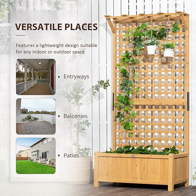 Outsunny Wood Planter with Trellis, Raised Garden Bed for Climbing Plants with Drainage Holes and Roof, 35.5 x 17.75 x 72 Inch, Pack of 2, Yellow