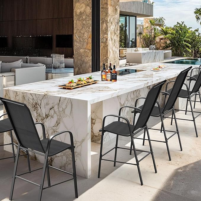VINGLI Set of 2 Stackable Outdoor Bar Stools – Sling Chairs with High Back & Armrests, for Lawn, Garden, Bar, Black