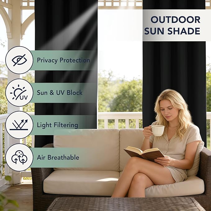 Black Outdoor Curtains for Patio Waterproof - 6 Panels Privacy Weatherproof Outside Curtains with Grommets for Pergola, Gazebo, Porch, Cabana, Balcony, 54 x 108 Inch