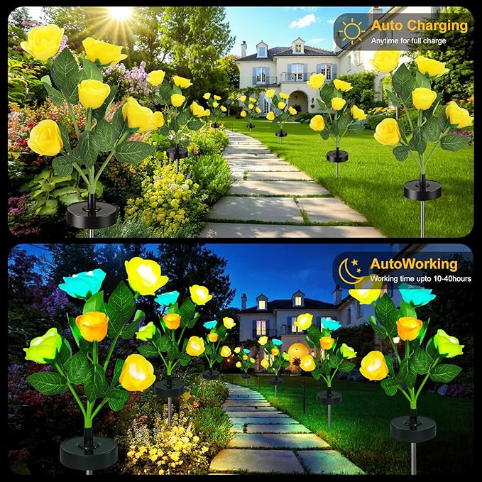 Upgraded Solar Garden Lights, 4 Pack Outdoor Solar Lights, New Round Panel for 40-Hour Runtime, Serve as Outdoor & Indoor Decor, 7-Color Changing Flower Lights, Waterproof for Patio Yard Decoration