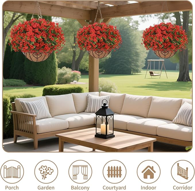 Artificial Hanging Flower for Outdoors, Fake Hanging Basket for Outside,1 Hanging Basket with 13 Pcs Faux Silk Flowers for Porch, Balcony and Patio Decor(Red)