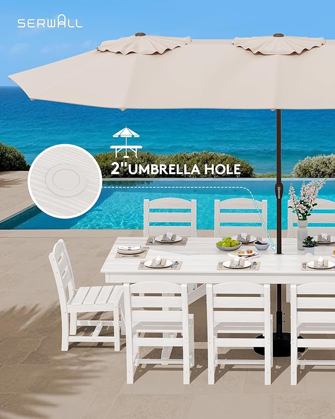SERWALL 11 Piece Outdoor Dining Set, 84" HDPE Outdoor Table and Chairs for 10，All Weather Patio Furniture Set with Umbrella Hole for Backyard, Garden, White