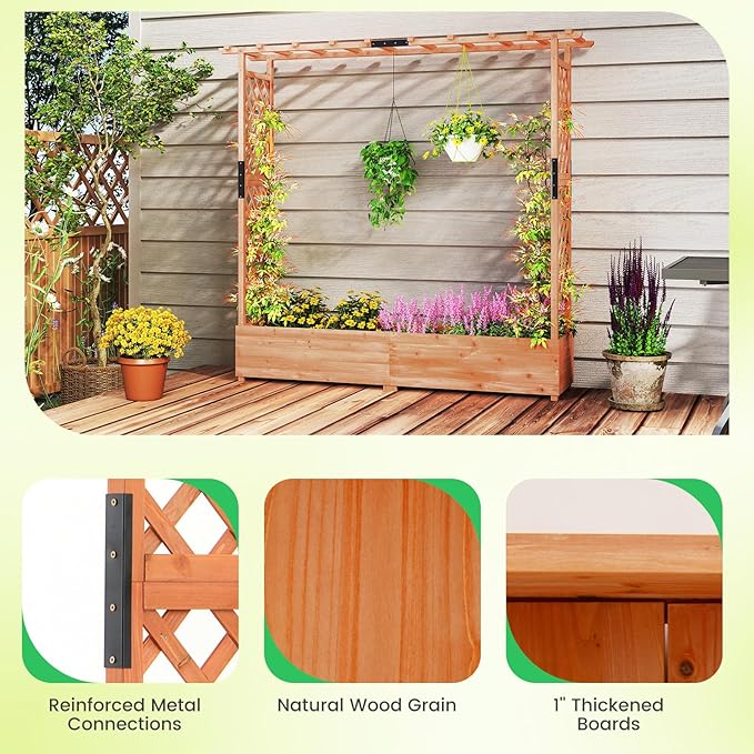 Giantex Raised Garden Bed with Trellis & Hanging Roof, Wood Planter Box with Bottom and Drainage Holes, Freestanding Garden Planter for Flower Vegetable Fruit Herb Climbing Vines, 77"x17"x72"