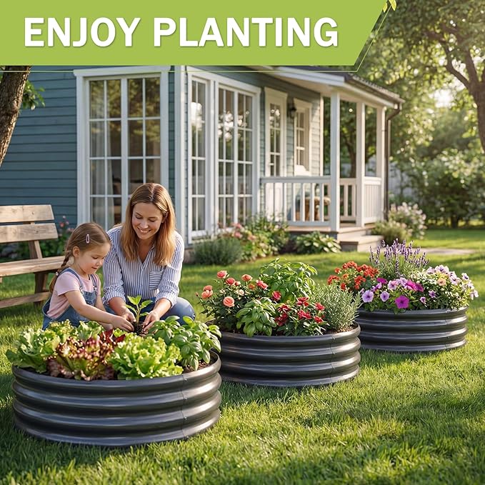 AHEONLAR 3Pack 2x2x1 ft Round Galvanized Raised Garden Bed Kit Round Metal Flower Box Large Planter Raised Beds Outdoor Garden for Planting,Fruit,Herb-Grey