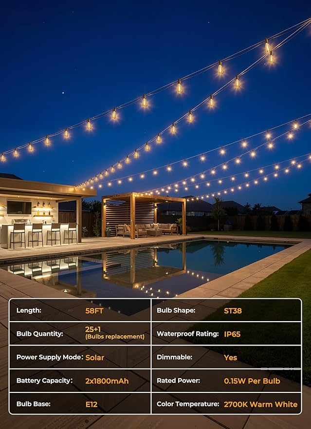 Brightown 58FT Solar String Lights Outdoor Waterproof, Patio Lights with Remote and 25+1 LED Shatterproof Bulbs, Dimmable & Timable, 3 Light Modes, Solar Lights Outdoor for Yard Camping Party Outside