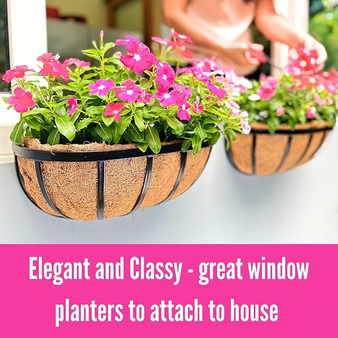 LaLaGreen Wall Planters for Outdoor Plant (16 Inch, 4 Pack) Deck Railing Planter Boxes for Outside Plants Window Flower Box with Coco Liners Metal Horse Troughs Fence Garden Herb Patio Porch over Rail