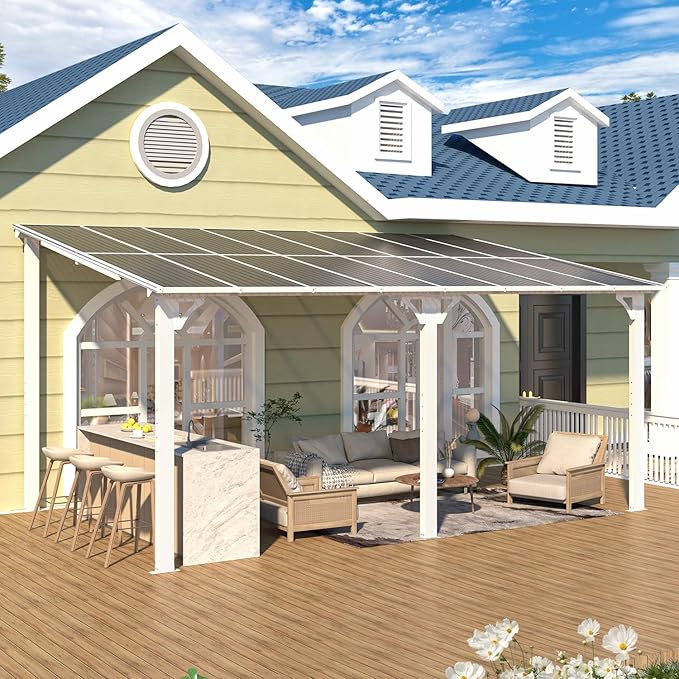 AECOJOY 16' x 10' Gazebo White Outdoor Pergola for Patio, Large Wall-Mounted Hard Top 10x16 Lean to Metal Gazebo Shelter Pergolas and Gazebos Clearance with Patio Roof, Heavy Duty Awnings for Backyard