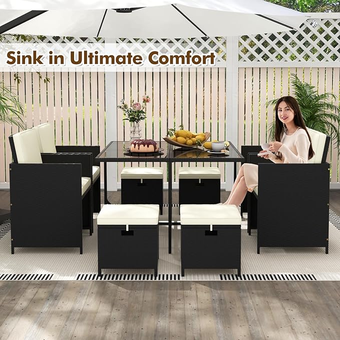 Tangkula 9 Pieces Outdoor Dining Furniture Set, Space-Saving Wicker Rattan Chairs & Tempered Glass Table with Ottomans, Cushioned Seat, Patio Conversation Set for Garden Yard Poolside