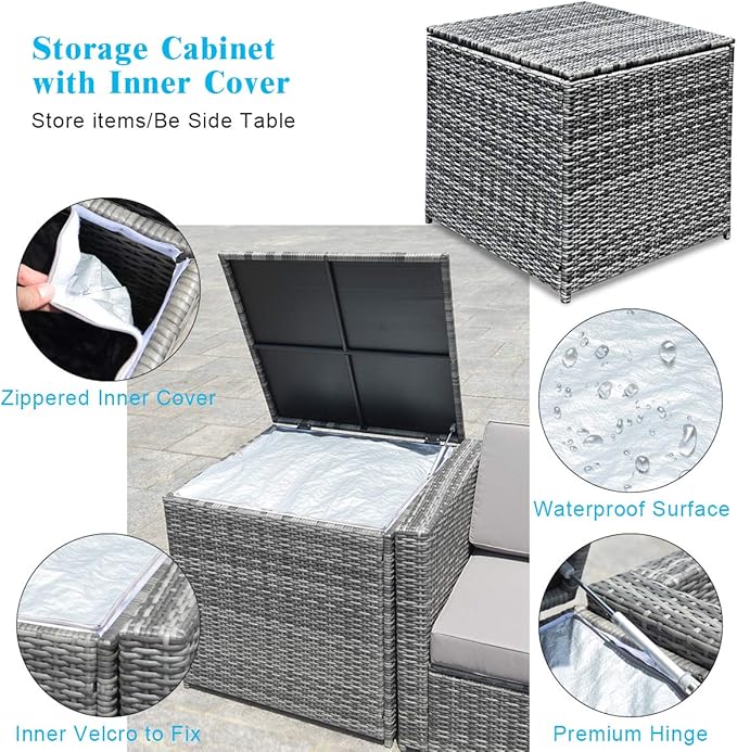 Tangkula 8 Pieces Wicker Patio Furniture Set with Storage Deck Box, PE Rattan Outdoor Sectional Conversation Set with Coffee Table & Cushions, Outside Furniture for Garden Yard Poolside (Turquoise)