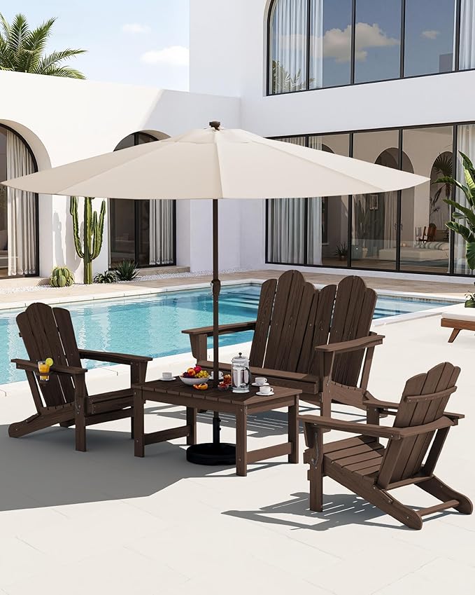 SERWALL Outdoor Coffee Table with 9FT Umbrella, HDPE Patio Coffee Table for Outside, Rectangle, Coffee(Not Include Umbrella Base)
