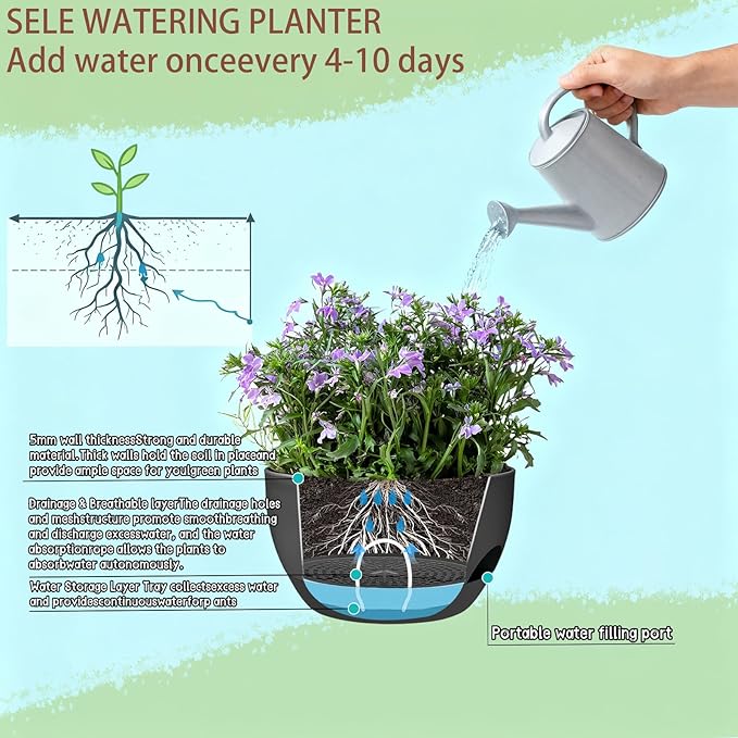 Set of 2-8 Inch Self Watering Hanging Planters for Indoor Outdoor，Hanging Plant Pots with Drainage & Removable Tray, Hanging Pots Holder for Ivy, Pothos, Ferns, Balcony & Patio, Black