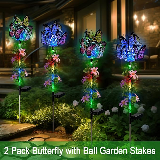 Solar Lights Outdoor Pathway,2 Pack Butterfly with Ball Garden Stakes,Colorful Twinkle Fairy Lights Decorations Outdoor for Yard,Lawn,Spring