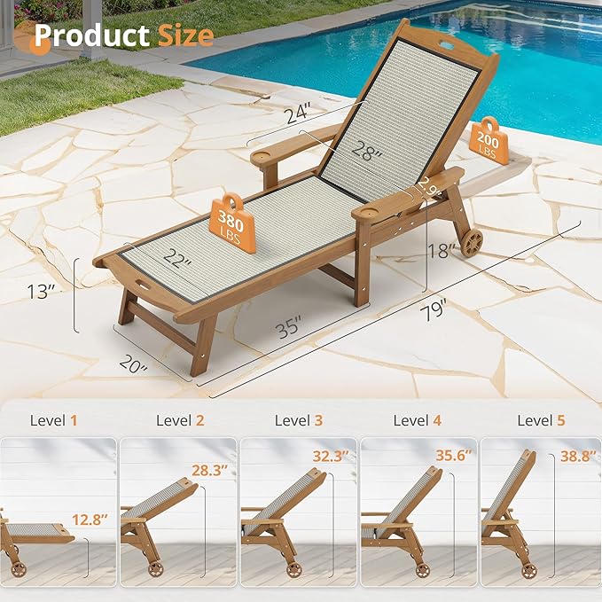 LUE BONA Chaise Lounge Chair Outdoor Set of 2, HDPS and HDPE Wicker Material, Patio Lounge Chair with Adjustable Backrest, Resin Pool Lounge Chairs with Wheels for Backyard, Poolside and Deck