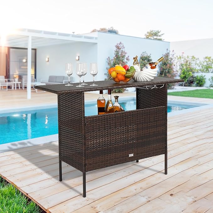 VINGLI Wicker Outdoor Bar Table with 2 Steel Shelves, Sets of Rails, Rattan Patio Storage for Backyard, Poolside, Garden