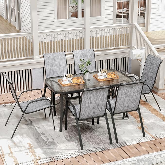 TLSUNNY 7 Pieces Patio Dining Set, Outdoor Table and Chairs W/1.69″ Umbrella Hole, 30"X 55" Table and Stackable Textilene Chair, All Weather Patio Furniture Set (Umbrella not Included) (Grey)