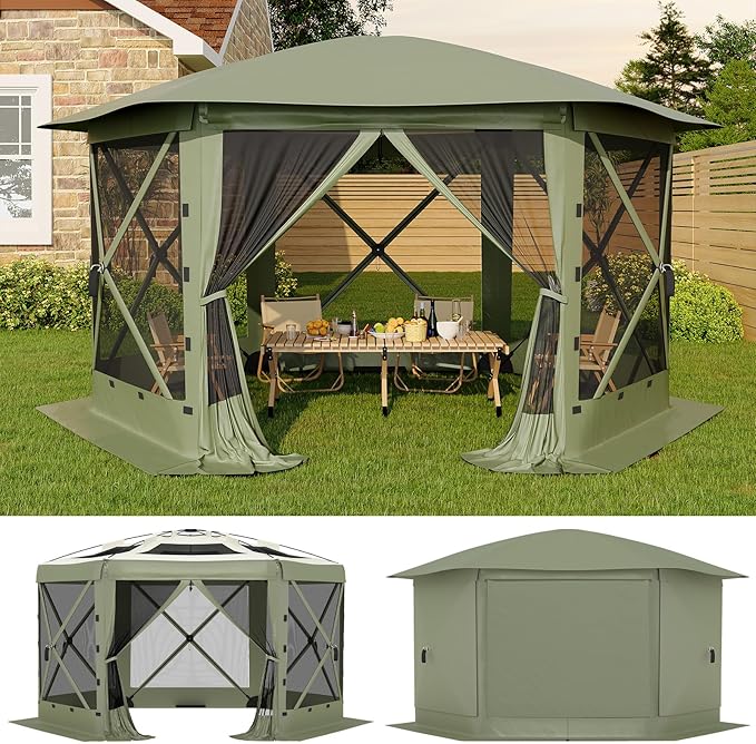 13x13FT 6-Sided Pop Up Gazebo Tent，One-Push Setup Canopy Tent with Removable Canopy Top & Wind Cloths, Outdoor shelter for Camping, Backyard Parties, Outdoor Events - Army Green