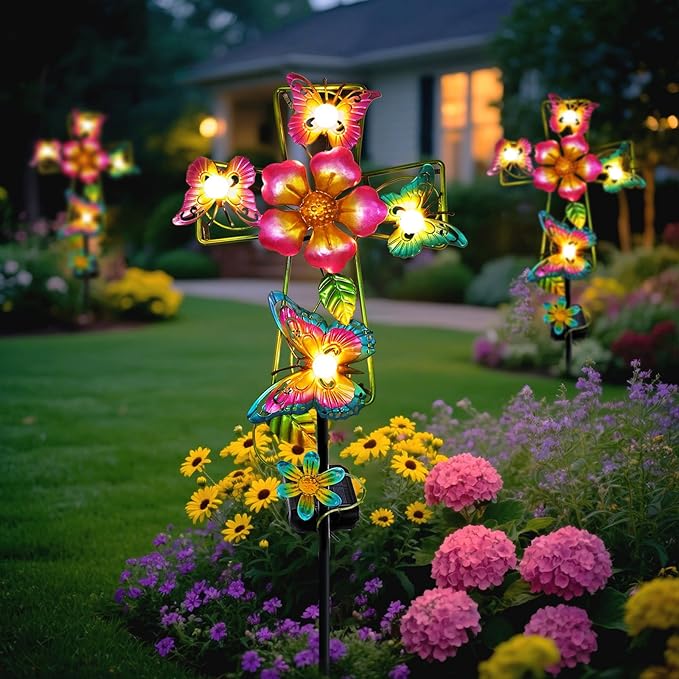 Solar Butterfly Cross Garden Stake Light, Metal Cross Cemetery Decorations for Grave Outdoor Lights, Sympathy Memorial Gifts, for Garden Lawn Yard Patio Decor